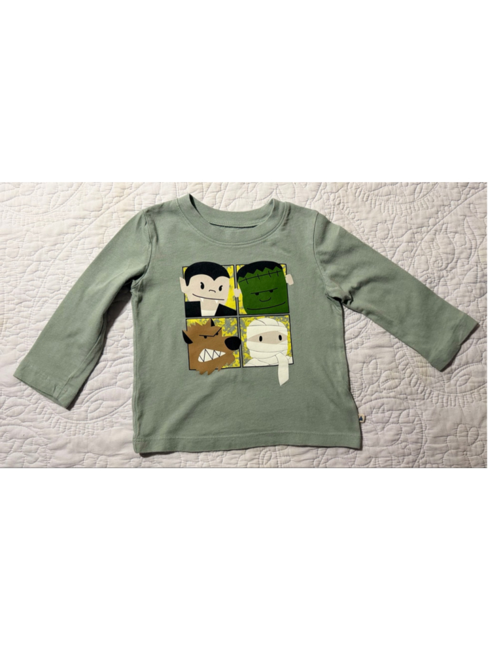 Baby Gap Boys Long Sleeve Monster Graphic Tee Green Size 12-18 Months